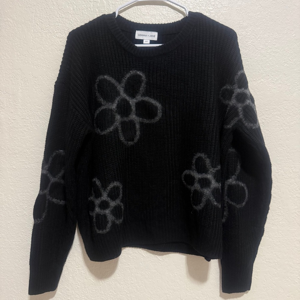 Gemma + Jane Womens Floral Ribbed Knit Sweater Black‎ Grey Crewneck Size S/P